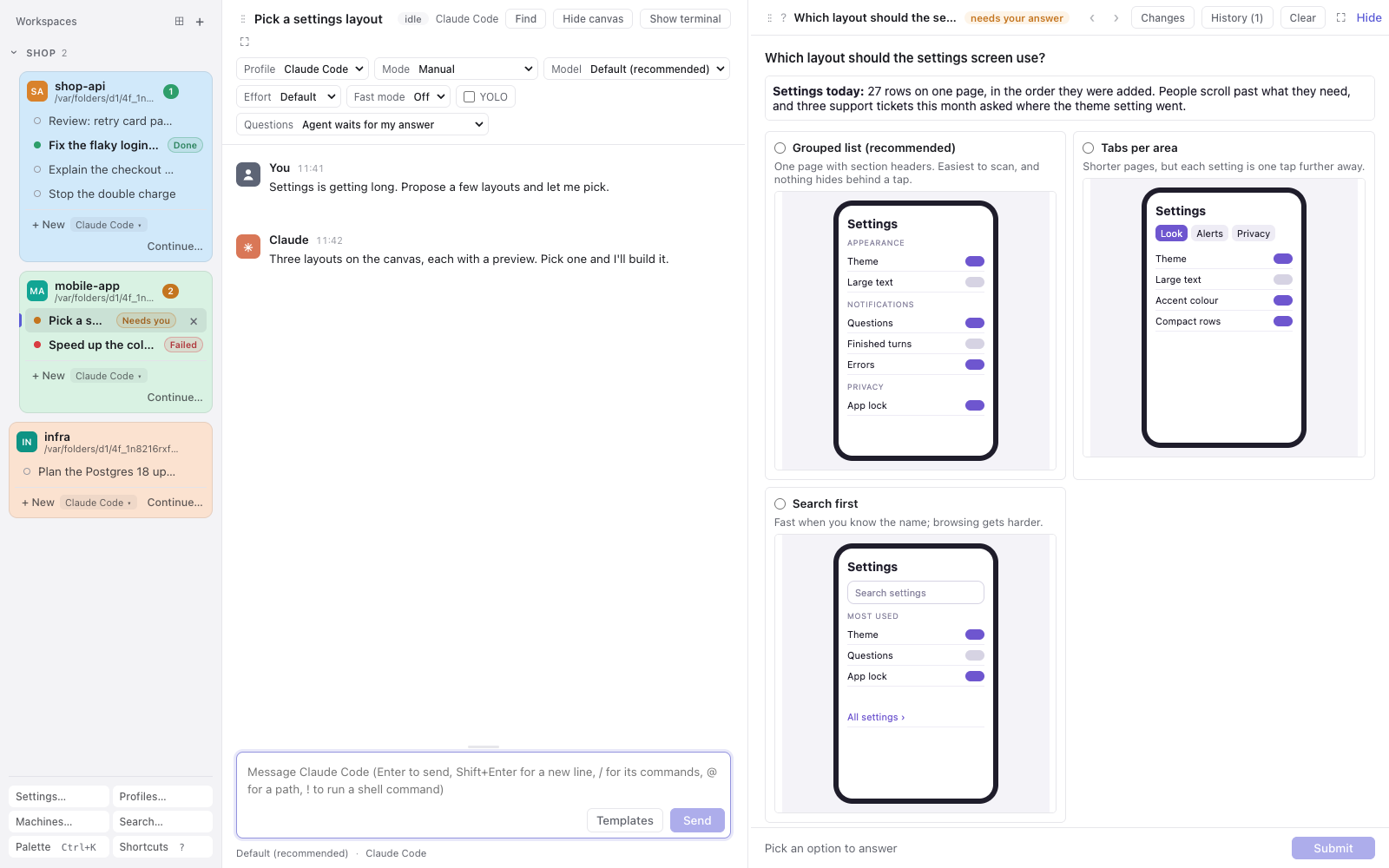 The agent asks which settings layout to build, with a mockup preview for each option