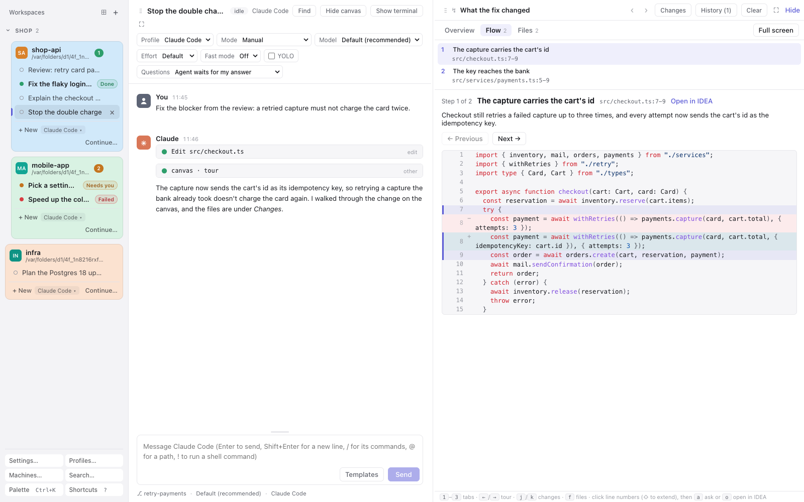 The agent's tour of its fix: the steps on the left, the changed line of src/checkout.ts marked on the right